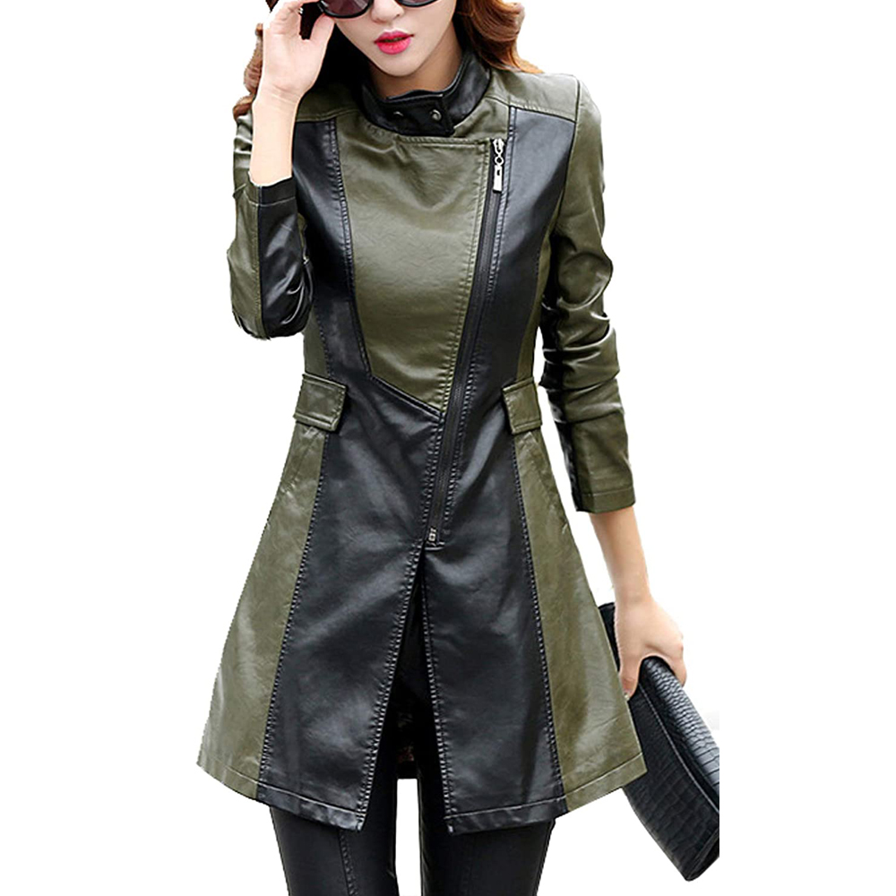 Women’s Long Leather Coat – Black & Army Green Slim Fit Stylish Jacket