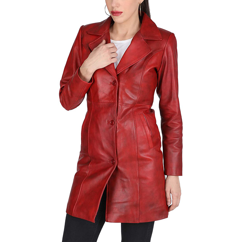 Women’s Classic Red Leather Trench Coat