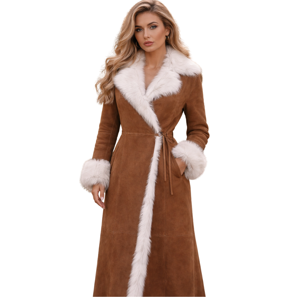 Women’s Genuine Suede Leather Long Coat with Faux Fur Collar